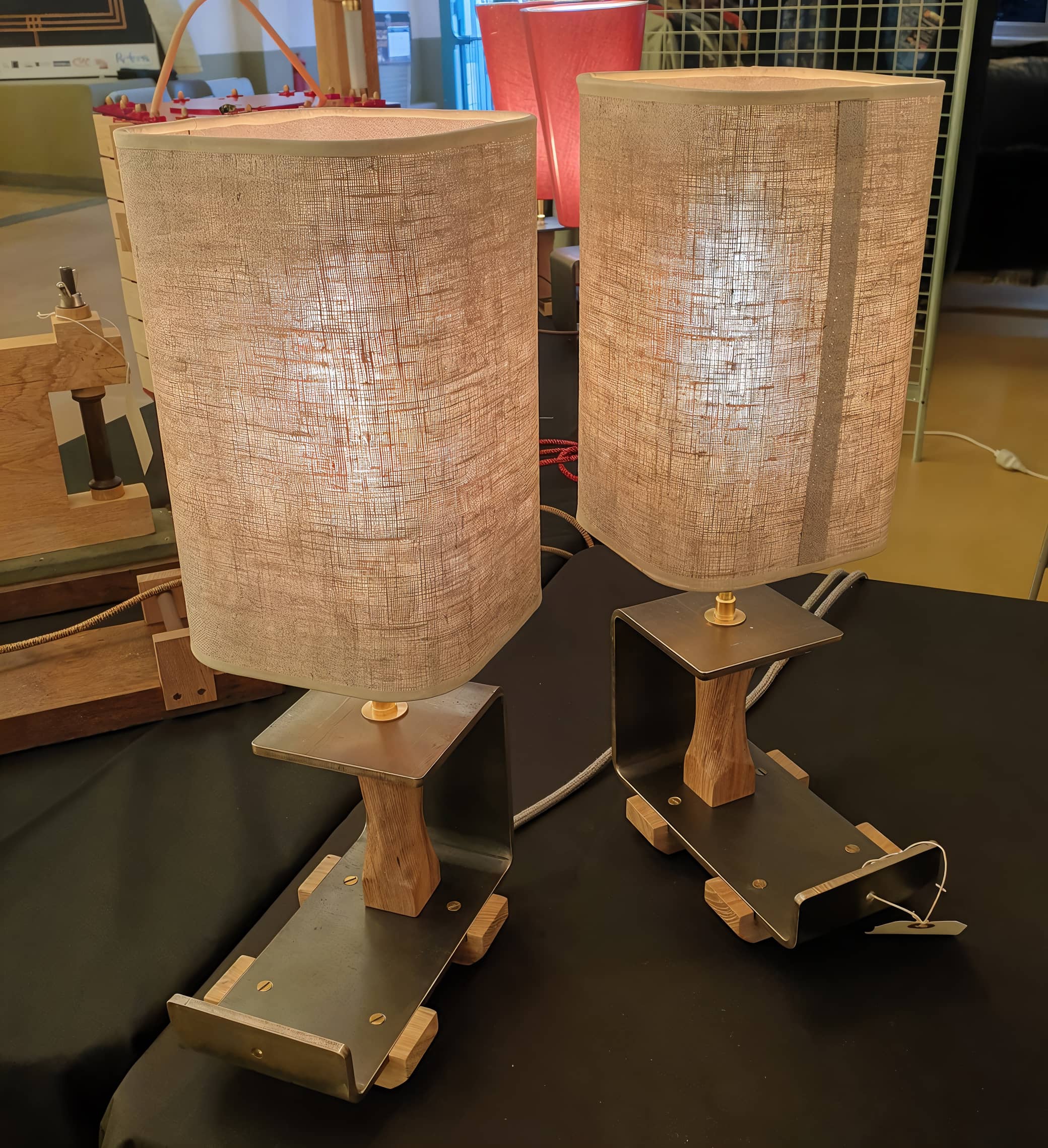 Paire de luminaires Art Déco, cylindre & base métal-chêne image principale