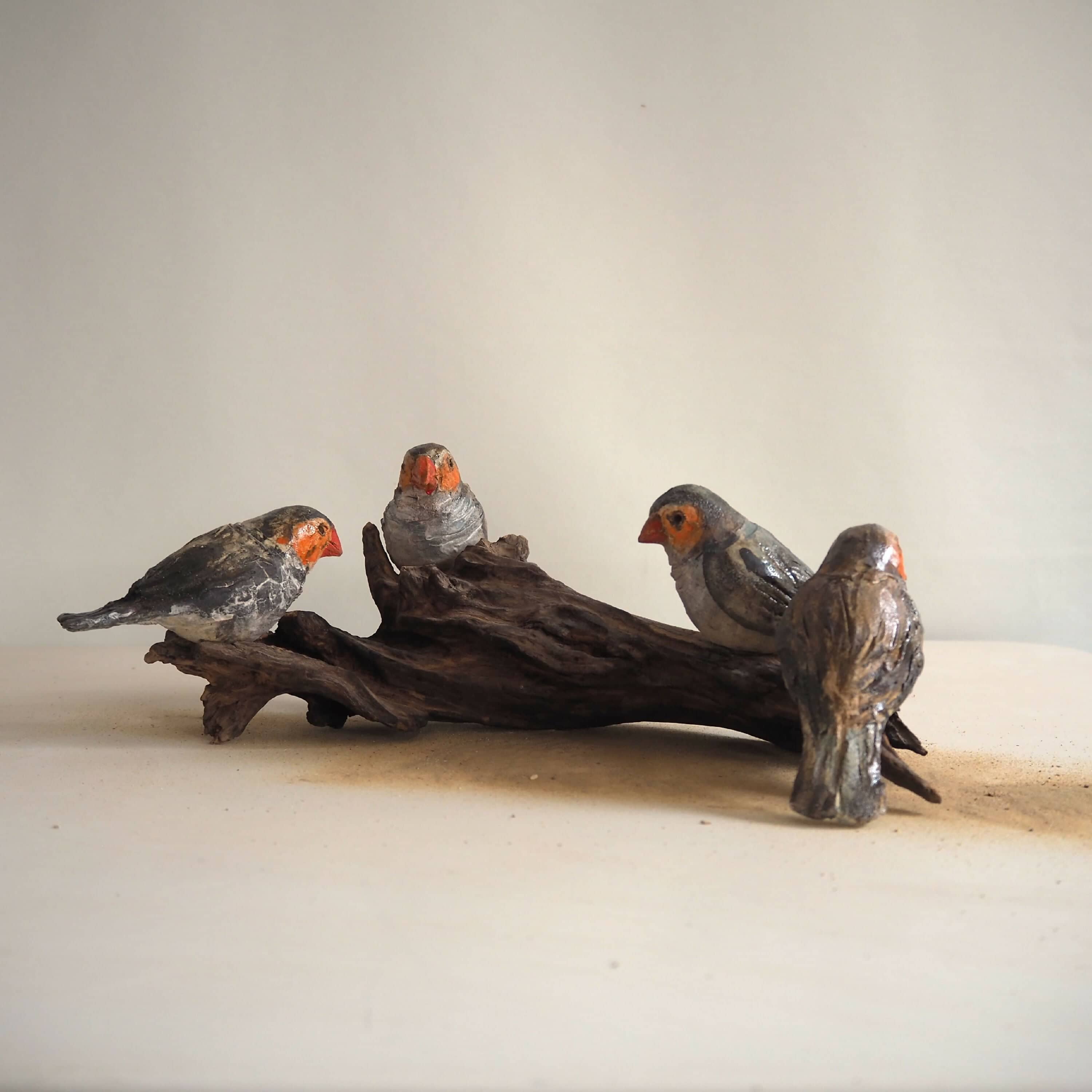 Quatre Astrilds sur bois brûlé (Grès) image principale