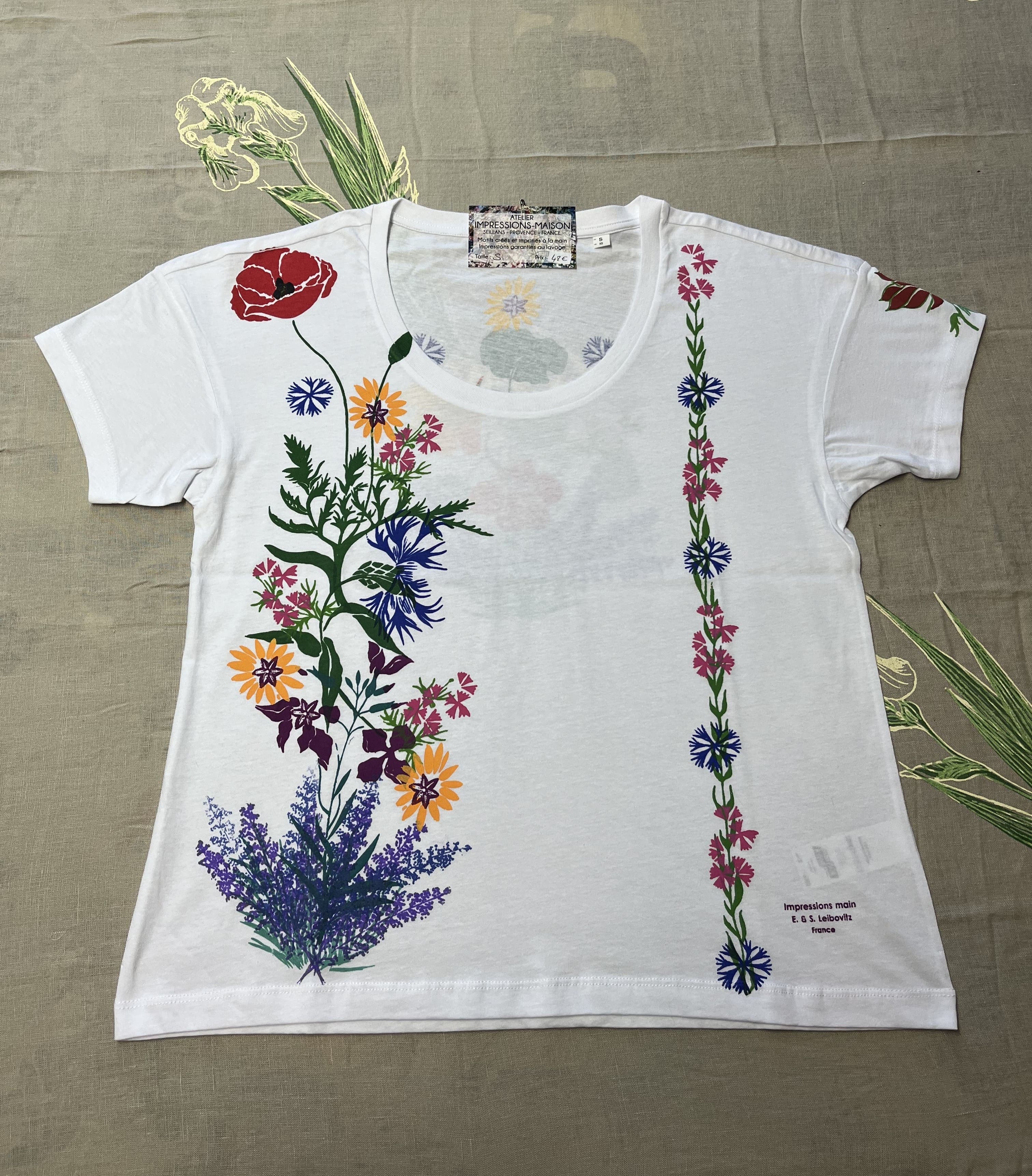 T-shirt sérigraphie artisanale “Fleur” — coton bio — taille S femme 
