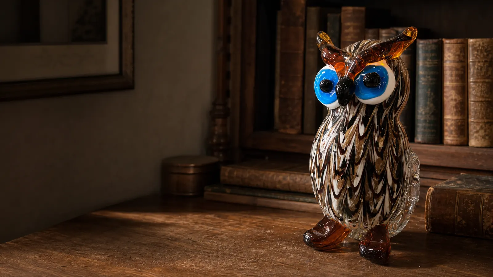 Hibou en verre soufflé présenté dans un intérieur de collectionneur