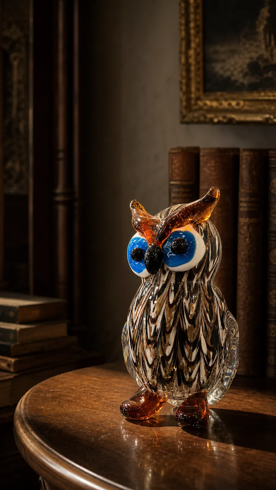 Hibou en verre soufflé présenté dans un intérieur de collectionneur