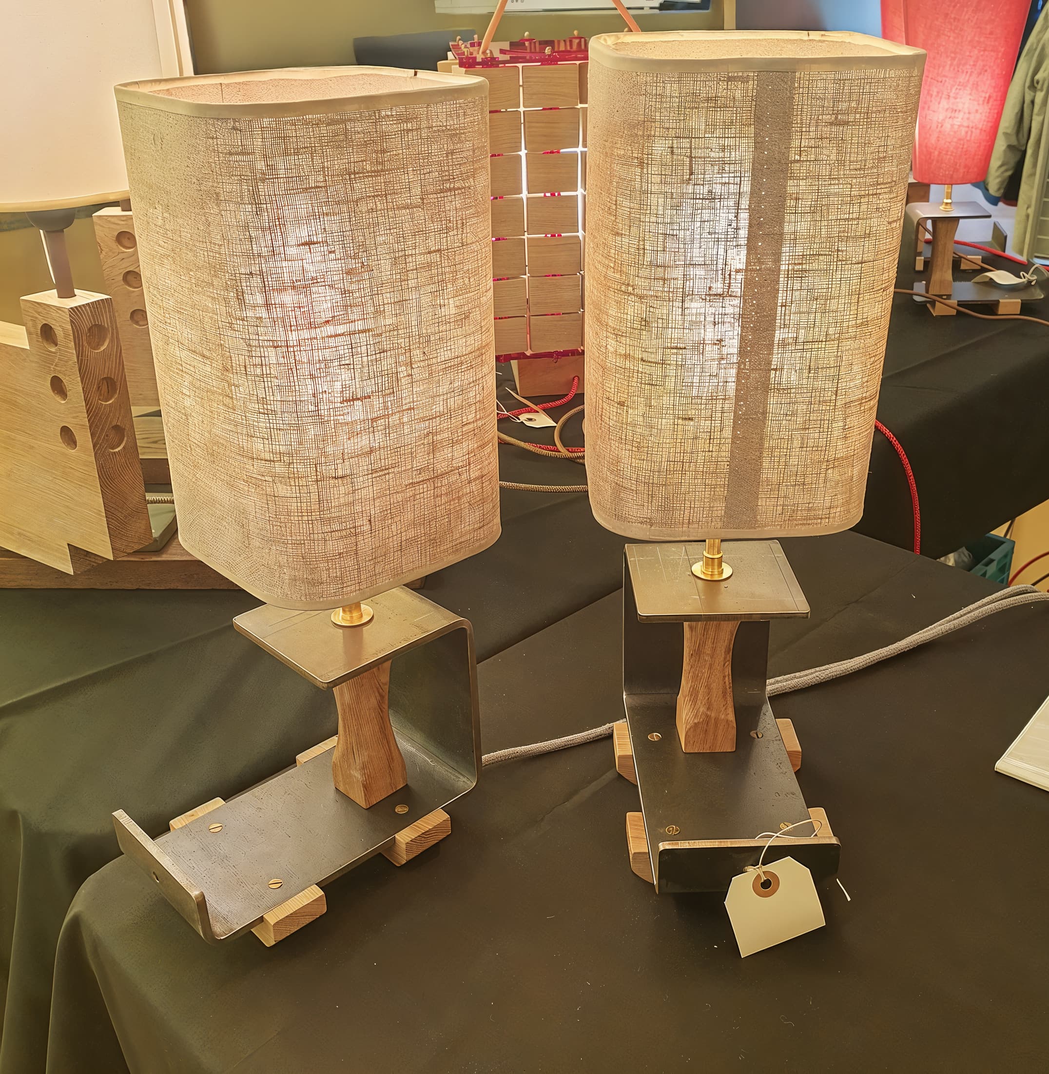 Paire de luminaires Art Déco, cylindre & base métal-chêne image 2