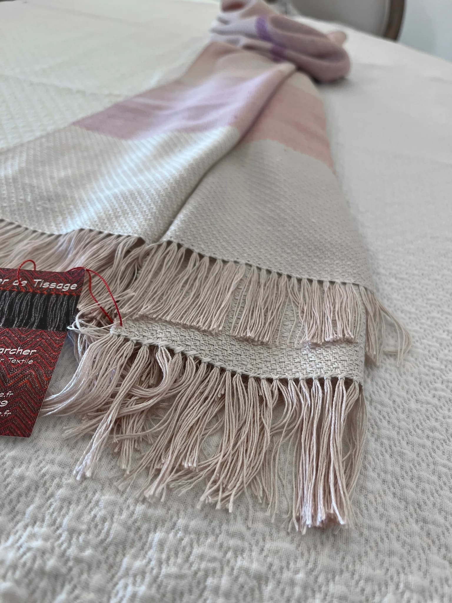 Étole tissée main - 100% soie rose crème image 8