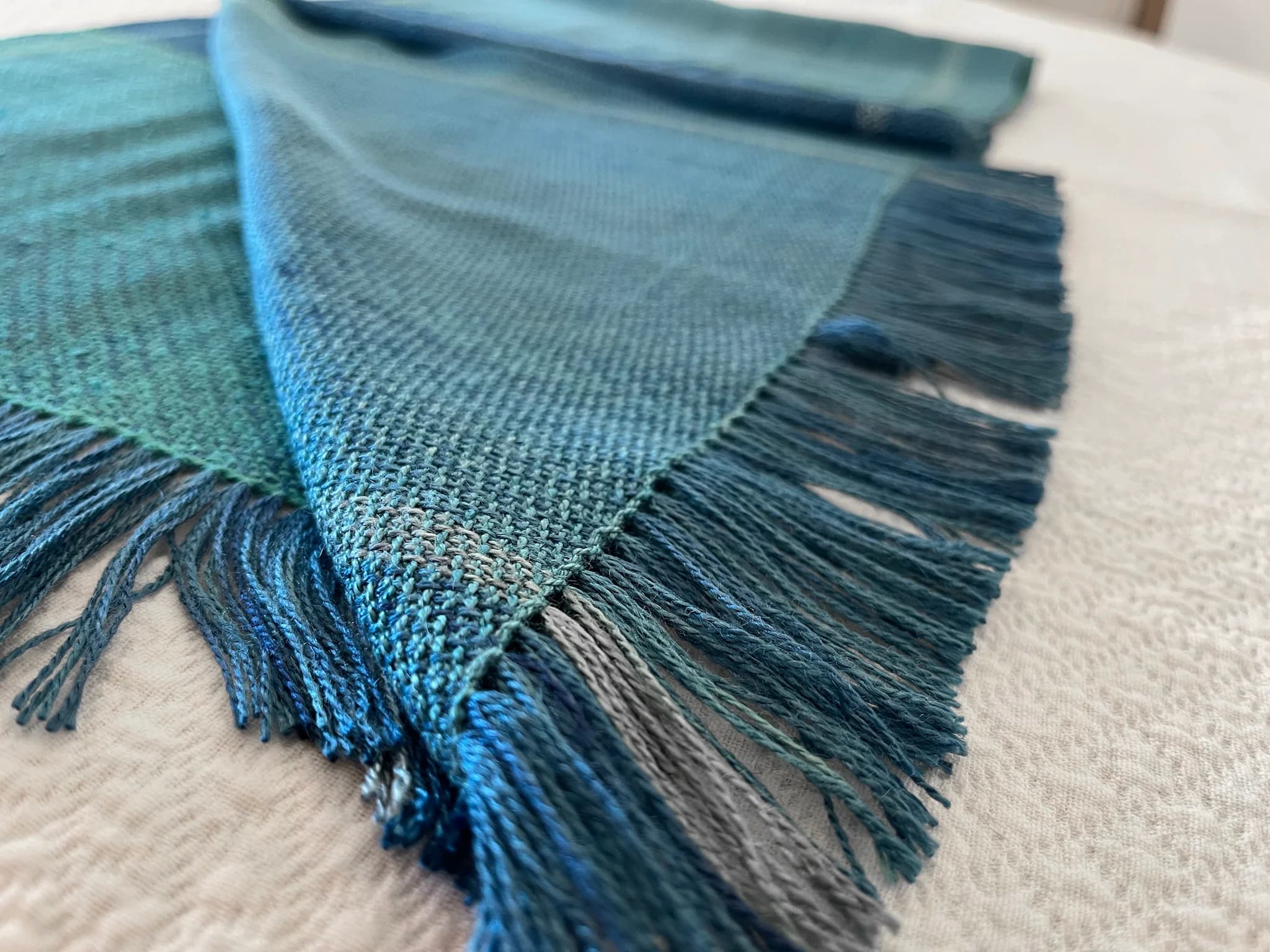 Étole tissée main - 100 % soie bleu turquoise, marine & vert image 5