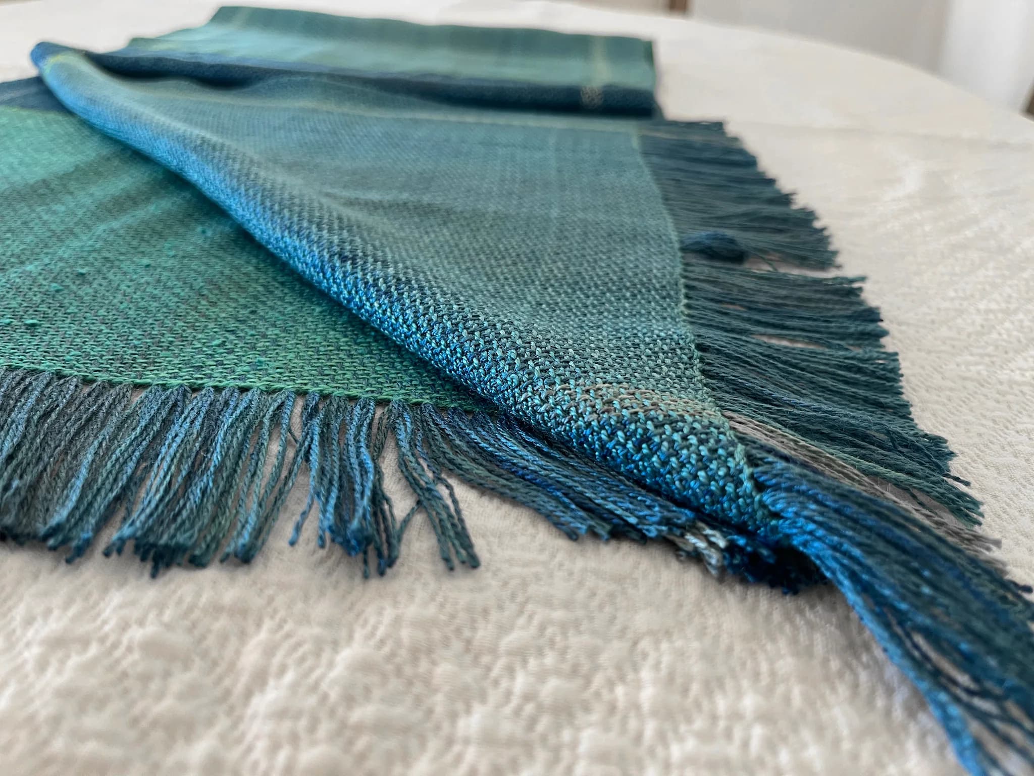 Étole tissée main - 100 % soie bleu turquoise, marine & vert image 6