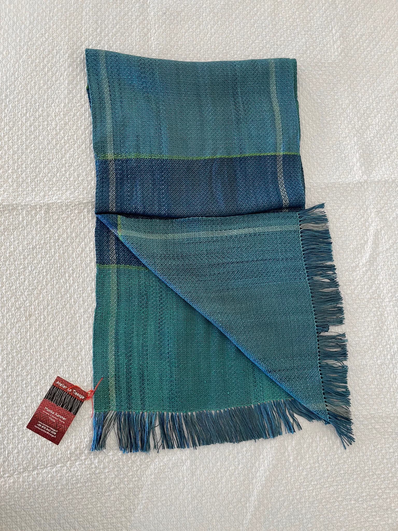 Étole tissée main - 100 % soie bleu turquoise, marine & vert image 4