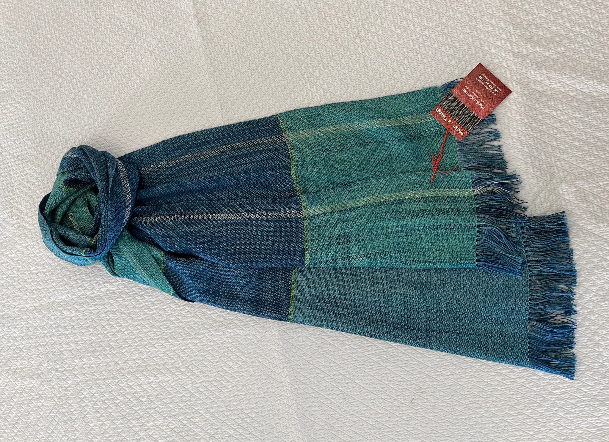 Étole tissée main - 100 % soie bleu turquoise, marine & vert image 2